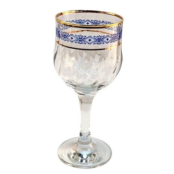 Steamed Wine Glasses Blue Floral Diamond & Gold Rim Design, Swirl Glass - Picture 5 of 10